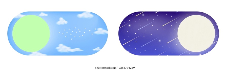 Day and Night Toggle Switch Concept. Sun and Moon buttons. AM and PM Slide interface theme with bright blue sky with clouds and starry night with comet. Vector Illustration. 