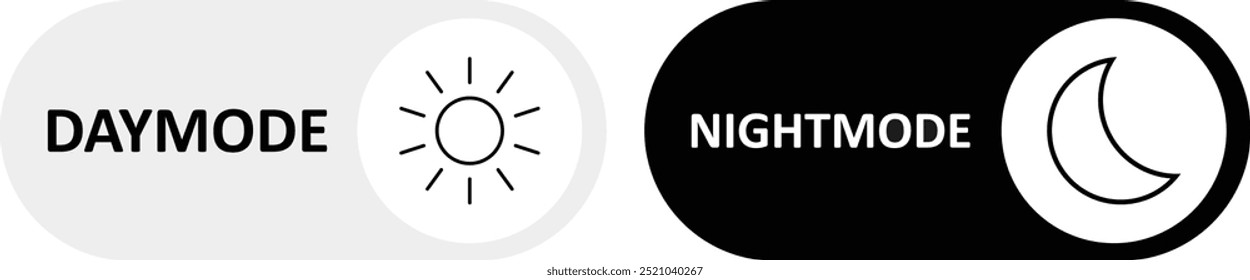 Alterne dia e noite para alternar o conjunto de ícones. Coleção de on off. Ícones do Sol e da Lua para o humor com luz escura. Modo escuro e botão de comutação de modo de luz para site e aplicativo móvel. dia noite modos de alternar isolado.