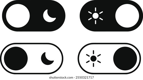 Day and night toggle switch icons set. Collection of on off. Sun and Moon icons for dark light mood. Dark mode and light mode switch button for website and mobile app. day night modes switch