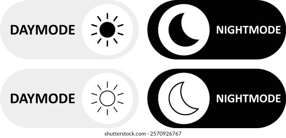 Day and night toggle switch icons set. Collection of on off. Sun and Moon icons for dark light mood. Dark mode and light mode switch button for website and mobile app. day night modes switch isolated.