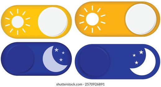 Day and night toggle switch icons set. Collection of on off. Sun and Moon icons for dark light mood. Dark mode and light mode switch button for website and mobile app. day night modes switch isolated.