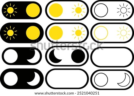 Day and night toggle switch icons set. Collection of on off. Sun and Moon icons for dark light mood. Dark mode and light mode switch button for website and mobile app. day night modes switch isolated.