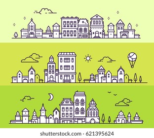 Day and night urban european city with tree, cloud, aerostat. Vector illustration of three variation detailed city landscape on green background. Thin line art design for web, site, horizontal banner