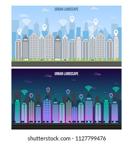 Day and night urban landscape with buildings and skyscrapers. Vector illustration
