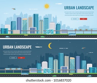 Day And Night Urban Landscape. Modern City. Building Architecture, Cityscape Town. Concept Website Template. Vector Illustration