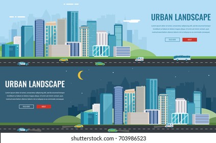Day and night urban landscape. Modern city. Building architecture, cityscape town. Concept website template. Vector 