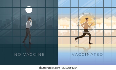 Day, night and vaccination concept. A man is sick and cough at night. After Vaccinated and immunized, he has a virus protection bubble on his head and recovery from virus infected in the morning sun.