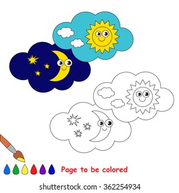 Day and night in vector cartoon to be colored. Coloring book for children.