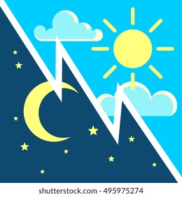 Day and night vector contrast concept with sun and moon flat icons. Cycle light and dark in nature illustration