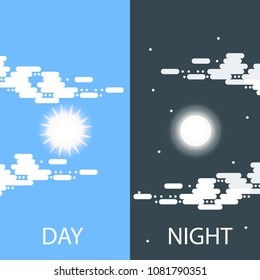 Day and night vector flat illustrations or banners. Sun and Moon. Half day and night, sun and moon with clouds. Flat illustration of sky and weather broadcasting, cloud and life, period and cycle for
