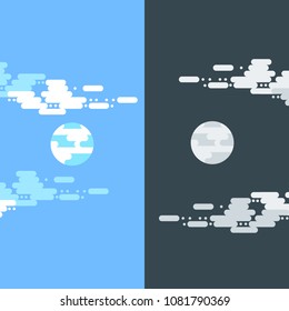 Day and night vector flat illustrations or banners. Sun and Moon. Half day and night, sun and moon with clouds. Flat illustration of sky and weather broadcasting, cloud and life, period and cycle for