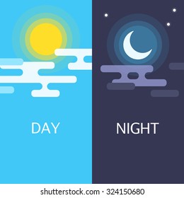 Day and night vector flat illustrations or banners. Sun and Moon.