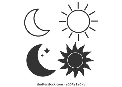 Conjunto de iconos vectoriales de día y noche. Salida del sol de la mañana, sol del mediodía y luna de la noche con los símbolos de las estrellas para la hora del día, el horario, la planificación o el diseño del Clima. Arte de línea negro aislado en blanco