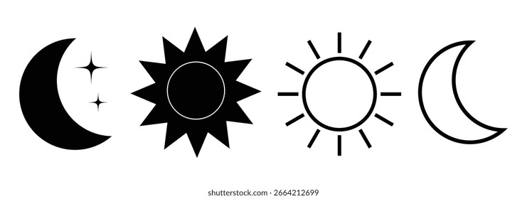 Day and night vector icons set. Morning sunrise, noon sun, and night moon with stars symbols for time of day, schedule, planning, or weather design. Black line art isolated on white