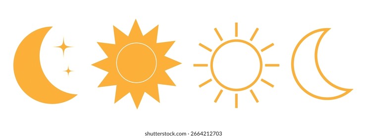 Conjunto de iconos vectoriales de día y noche. Salida del sol de la mañana, sol del mediodía y luna de la noche con los símbolos de las estrellas para la hora del día, el horario, la planificación o el diseño del Clima. Arte de línea negro aislado en blanco