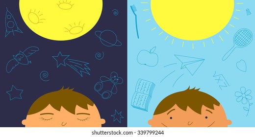 Day and night. Vector illustration. Boy sleeping and waking