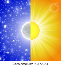 Day and night. Vector illustration of a Split-screen Showing the Sun and the Moon. Abstract background. Image of the sky with stars, beams and lights.