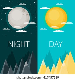 Day and night vector illustrations or banners. Sun and Moon