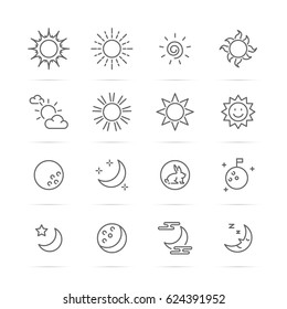 day and night vector line icons, minimal pictogram design, editable stroke for any resolution, sun and moon