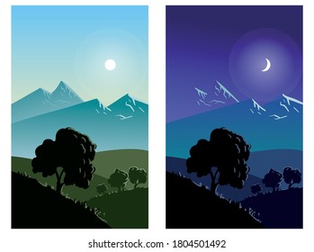 Day and night vector mountain landscape with moon, sun and sky.