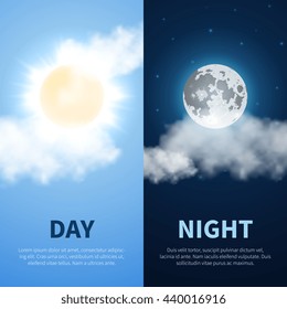 Day and night vector time concept background with sun and moon icons. 