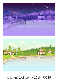 Day and night village flat color vector illustration. Lake near residential buildings. Daytime countryside. Nighttime country. Rural summer 2D cartoon landscape with nature on background