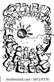 Day and night village. Vector design art. Black and white