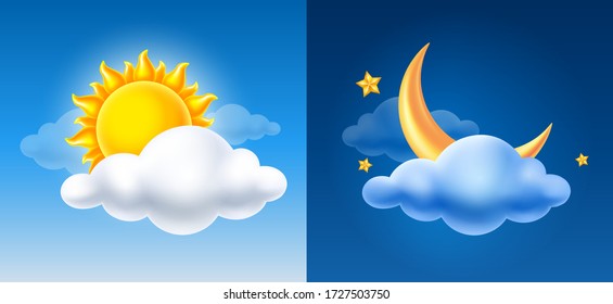 Day and night. Volumetric sun, half moon and cloud on blue sky background. Vector illustration.
