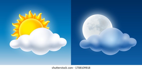 Day and night. Volumetric sun, moon and cloud on blue sky background. Vector illustration.