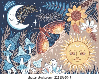 Day and night wanders, boho tapestry design, vector hand drawn illustration