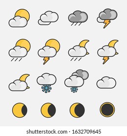 Day Night Weather Forecast, Colorful Icon Set. Vector Illustration. Sunny, Cloudy, Rainy, Stormy, Snowy and Solar Eclipse Phase. Modern Flat Minimal Style