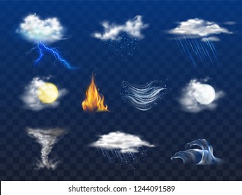 Day, Night Weather Forecast Icon, Natural Disaster 3d Realistic Vector Set Isolated On Transparent Background. Bad Weather With Rain, Snow, Cold Wind. Climate Changes Concept Design Element Collection