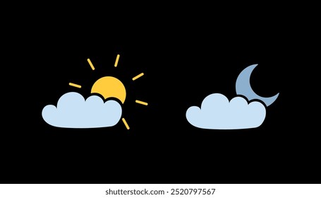 Day, night weather icons. Sun, moon, cloudiness.