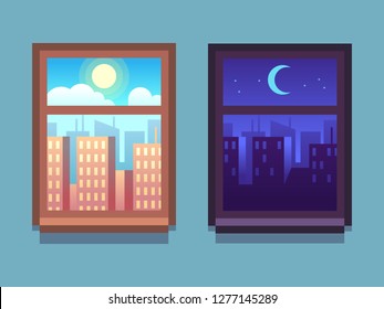 Day And Night Window. Cartoon Skyscrapers At Night With Moon And Stars, At Day With Sun Inside Home Windows. Cartoon Vector Set