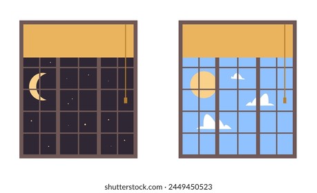 Conjunto de conceptos aislados de ventana de día y noche. Ilustración de Diseño gráfico de dibujos animados plano de Vector