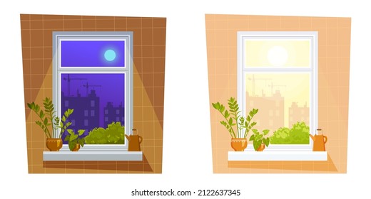 Day and night.  Window overlooking the city.  Urban landscape.  Flat cartoon style vector illustration.