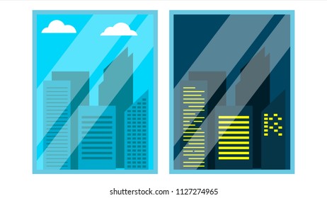 Day, Night Window View Vector. Scene. Skyscraper, Sky. Night Office City Lights. Window Time View. Morning And Afternoon. Isolated Illustration