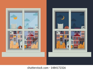 Day and night window , in which you can see the autumn landscape, city concept. Row of different houses along the street. Flat style vector illustration.