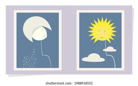 Day and Night Woman Portrait. Moon Stars and Sun Clouds. Vector illustration on white background