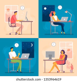 Day Or Night Work. Working Late, Overtime Office Works And Computer Worker Nights. Lark And Owl Workflow, Professional Businesswoman Daily Routine Or Businessman Deadline Flat Vector Illustration