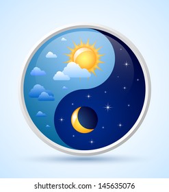 Day and night yin yang symbol on light blue background