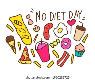 Day no diet.Food doodle elements,set. Vector illustration in cartoon style.