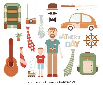 Father’s Day Objects and Characters Set. Cartoon clipart isolated on white background. Vector illustration