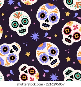 Day Off The Dead pattern. Vector cartoon seamless pattern with Mexican traditional festive sugar skulls and stars. Isolated on black background