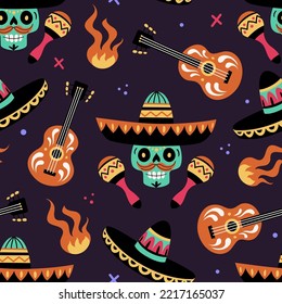 Day Off The Dead pattern. Vector cartoon seamless pattern with Mexican mariachi skull in sombrero, surrounded by guitars, flame and maracas. Isolated on black background