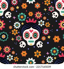 Día Sin El Patrón Muerto. Dibujo vectorial sin fisuras con el personaje festivo tradicional mexicano Catrina rodeado de flores decorativas. Aislado sobre fondo negro