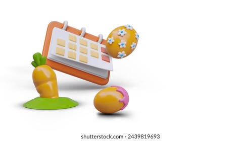 Day off, spring holiday. Realistic calendar with marks, painted egg, carrot in ground