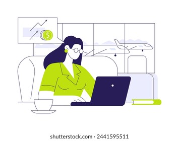Day office service abstract concept vector illustration. Smiling woman with laptop working in the airport, business class travel, departure hall, passengers luxury trip abstract metaphor.
