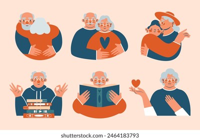 Day of Older Persons. Collection of cute illustrations of older men and women, who holding heart, book, couple of grandfather, grandmother, granddaughter who hugging. Care, support for pensioners.