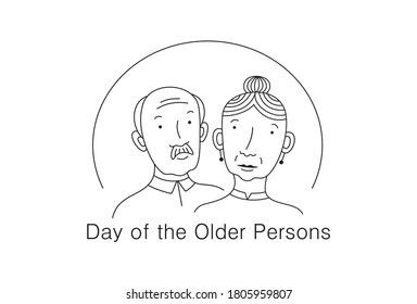 Day Of The Older Persons. Drawing Of Elderly People. A Monochrome Image Of The Lines. 